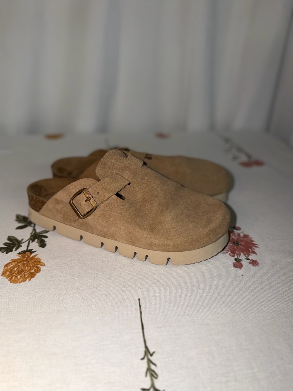 Women's Suede Slip-On Mule in Light Brown with Buckle